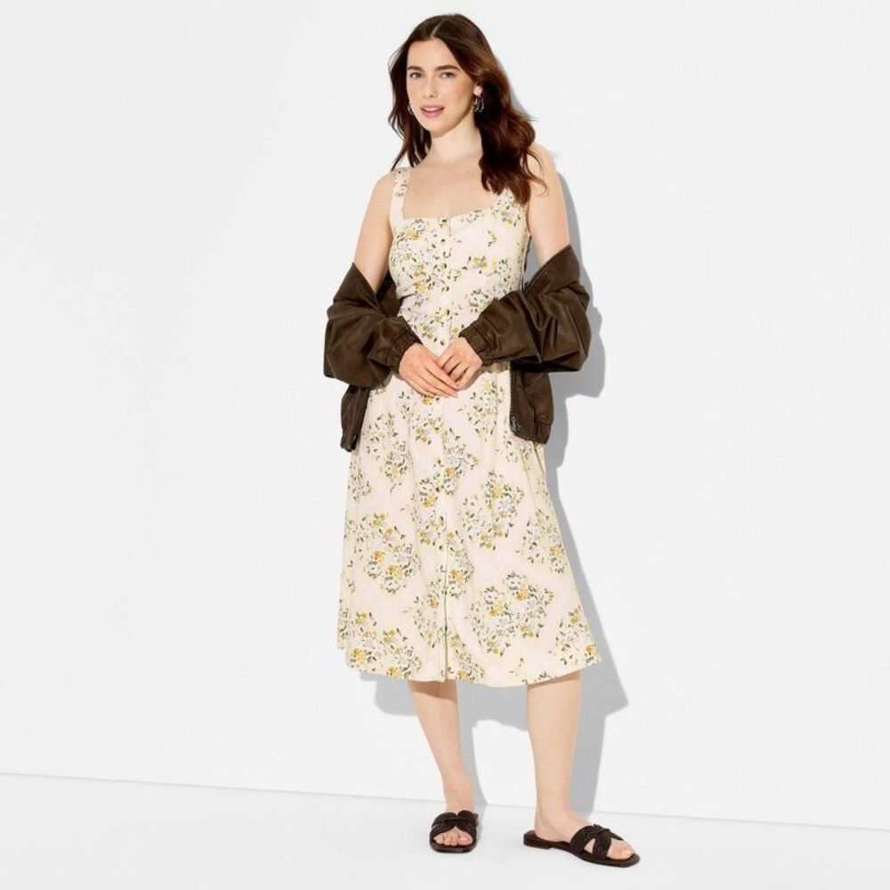 Wild Fable Women's Button-Front Midi A-Line Dress- Yellow- Size M
